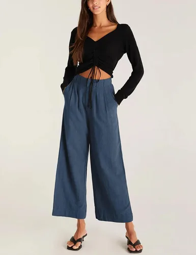 Vista 4 de TIQOJE Pantalones de vestir para mujer, de cintura alta, pierna ancha, holgados, de lino, estilo casual, estilo palazzo, para oficina