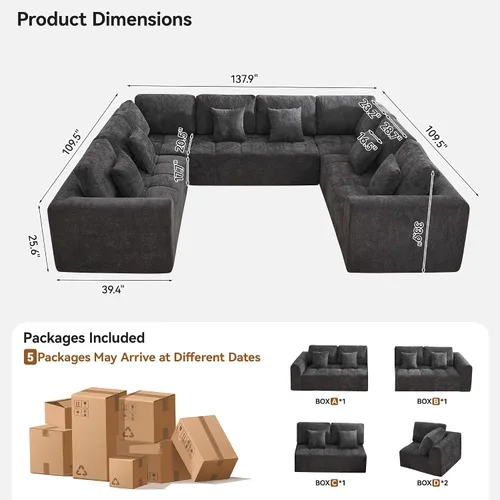 Vista 42 de Sofás seccionales modulares de 110 pulgadas para sala de estar, sofá seccional comprimido sin hueso, sofá de espuma viscoelástica tapizado de 3 Beige