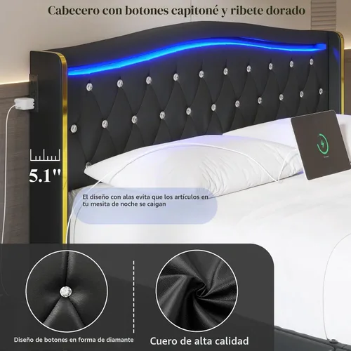 Vista 6 de Marco de cama de tamaño matrimonial, cabecero, 4 cajones de almacenamiento, luces LED, color negro