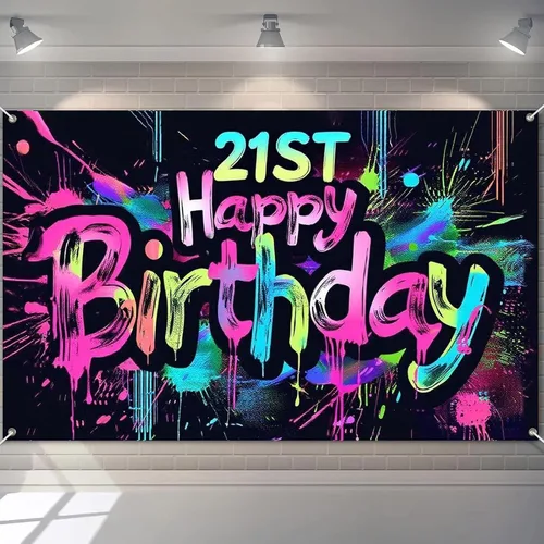 Vista 13 de HOMETITUTE Pancarta de Neón de Feliz 10mo Cumpleaños 71 x 43 pulgadas, Salpicadura de Pintura que Brilla en la Oscuridad, Telón de Fondo