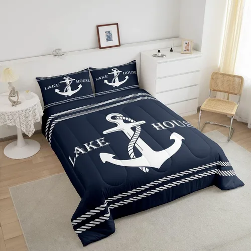 Vista 5 de Lake Home - Juego de edredón tamaño Queen, juego de ropa de cama de ancla náutica para niños, niñas, niños y adultos, decoración de dormitorio, Azul