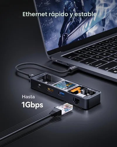 Vista 4 de DOCKCASE Explorer Edition Visual Smart USB C Hub (6 en 1) con puerto HDMI 4K a 60 Hz, Gigabit Ethernet, USB-C y 2 puertos de datos USB-A de 5 Gbps