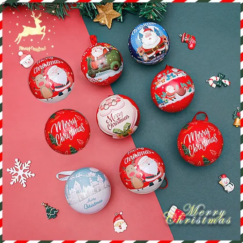 Vista 3 de Paquete de 12 cajas de bolas de caramelo de Navidad, decoración para colgar, hojalata de bolas de árbol de Navidad, frascos colgantes