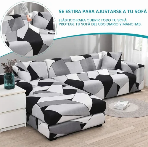Vista 4 de LiveGo Funda de sofá en forma de L, 2 piezas, elástica y elástica de 3 plazas, protector de muebles con 4 fundas de almohada para sala de estar Gris
