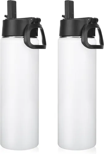 Vista 27 de Neihepal Botellas de agua aisladas de 22 onzas con tapa con popote a prueba de fugas, botella de agua de acero inoxidable de doble pared de boca