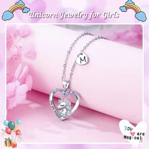Vista 6 de Regalos de unicornios para niñas, dije de corazón chapado en oro blanco de 14 quilates con circonita cúbica You Are Magical Unicorn Necklace Girls