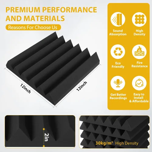 Vista 4 de Paquete de 12 paneles acústicos de espuma Saiqiang, paneles de espuma de insonorización de 2" x 12" x 12", paneles de absorción de ruido en cuña
