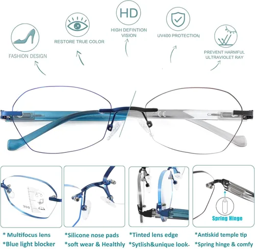 Vista 4 de Multifocus Gafas de lectura para mujer, progresivas, multifocales, sin marco, sin línea, lector bifocal, luz azul, diseño de computadora, lentes