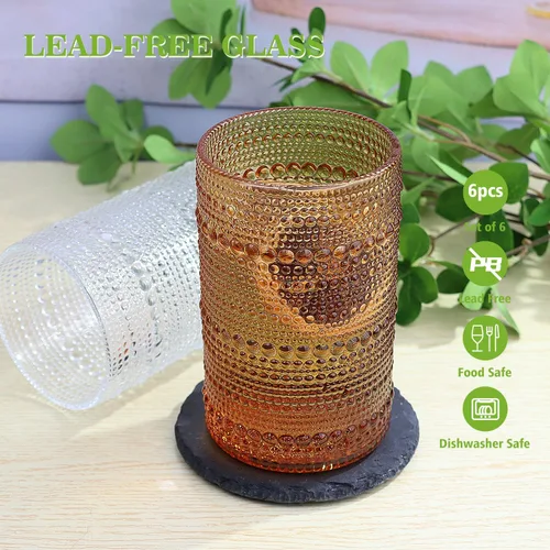 Vista 3 de Juego de 6 vasos de vidrio Lumkit acanalados para beber, juego de cristalería vintage cóctel, vasos para jugo de 13 onzas, ámbar