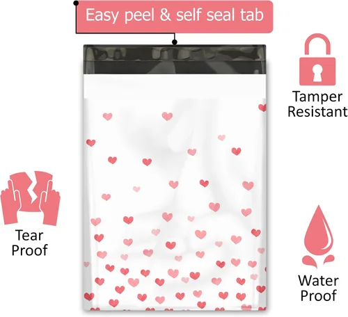 Vista 2 de 100 sobres de polietileno de diseño de corazones que se desvanecen para el día de San Valentín, impermeables, autosellantes, resistentes a