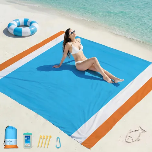 Vista 18 de Famstar Manta de playa de gran tamaño extra grande 78 x 81 pulgadas/10 x 9 pies, manta de playa impermeable a prueba de arena para 2-8 adultos