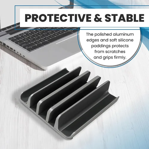 Vista 6 de Elestoria Soporte vertical para laptop con 5 ranuras, soporte vertical de aluminio para computadora de escritorio, compatible con MacBook Pro/Air