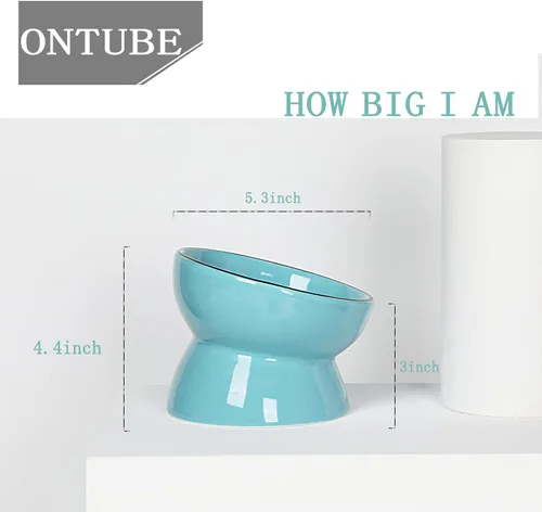 Vista 2 de ONTUBE - Cuenco elevado de cerámica para gatos, 10 onzas (azul) Ceramic, elevated, 5.3in, 10oz, pet bowl, easy-clean, non-slip, sturdy, ergonomic
