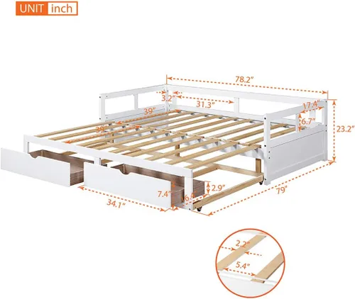 Vista 2 de Sofá cama extensible de madera con dos cajones de almacenamiento, sofá cama para dormitorio, sala de estar, tamaño individual/king
