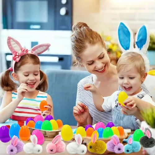 Vista 5 de Paquete de 24 juguetes de peluche rellenos de huevos de Pascua, coloridos rellenos de huevos de Pascua a granel para niños, adolescentes, niños