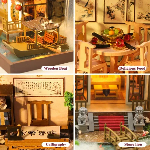 Vista 4 de Yuzhen Casa de muñecas en miniatura con muebles y luces LED, casa de muñecas grande de madera de estilo antiguo incluye cubierta de polvo