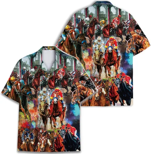 Vista 3 de Camisas hawaianas divertidas de caballos para hombres y mujeres, carreras de caballos de amor hawaiano de verano de manga corta, casual, ajuste