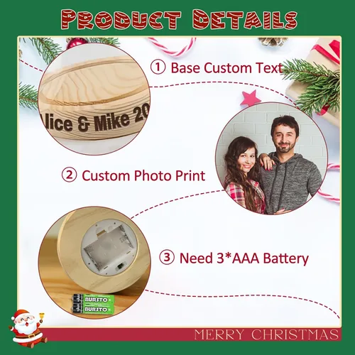 Vista 5 de Regalos personalizables de Navidad: cúpula de fotos personalizada para árbol de Navidad con luces LED, base de madera grabada personalizada
