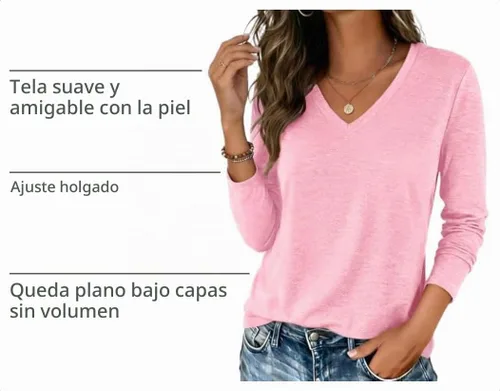 Vista 4 de Zeagoo Camisas de manga larga para mujer, cuello en V, casual, básica Rosa