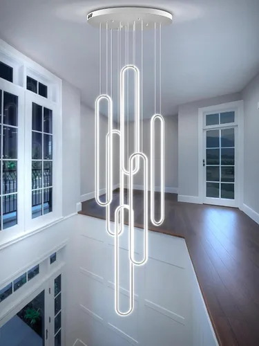 Vista 18 de Flashing God Candelabro moderno, candelabros cromados con 6 anillos LED, lámpara de techo alto más grande para sala de estar, lámpara rectangular