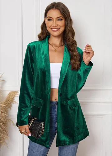 Vista 2 de GRAPENT Chaquetas de terciopelo para mujer, de negocios, casual, de gran tamaño, chaqueta de traje largo elegante, chaqueta de trabajo y oficina
