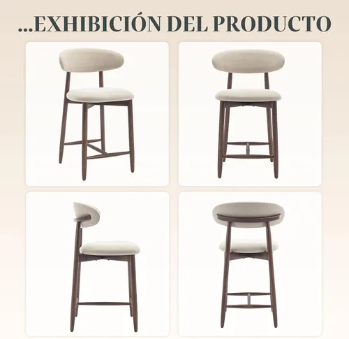 Vista 6 de Taburetes de bar tapizados de altura de mostrador, sillas de isla de cocina con respaldo, taburetes de mostrador modernos con patas de madera
