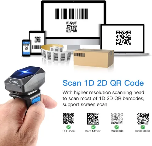 Vista 4 de Eyoyo Escáner de código de barras de anillo 2D actualizado, USB con cable y 2.4G inalámbrico y Bluetooth Mini escáner de código de barras portátil