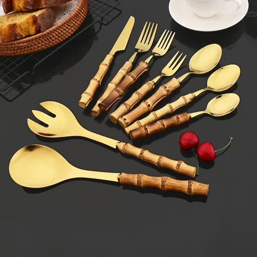 Vista 2 de JASHII Juego de cubiertos dorados de acero inoxidable 304, juego de cubiertos de 16 piezas con mango de bambú, servicio para 2, con 1 cuchara