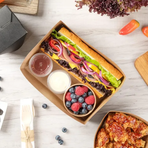 Vista 8 de Restaurantware Bio Tek - Bandejas de hamburguesas de 8.4 x 6 x 3.5 pulgadas, 100 bandejas de papel desechables para alimentos, bandejas de papel