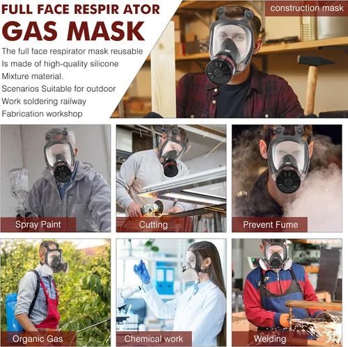 Vista 7 de Máscara respiradora contra gases, rostro completo, reutilizable, supervivencia nuclear y química, filtro carbón activado 6001 1.57″ para polvo