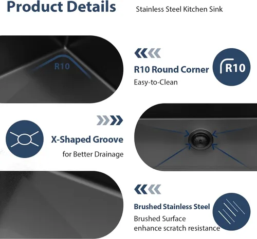 Vista 6 de Lordear 33 Inch Matte Black Double Bowl Kitchen Sinks