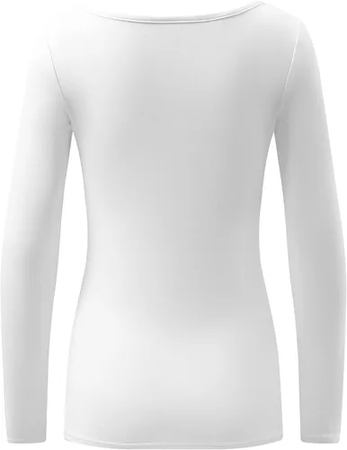 Vista 4 de OThread & Co. Camiseta de manga larga para mujer, cómoda, cuello cuadrado, capa elástica básica