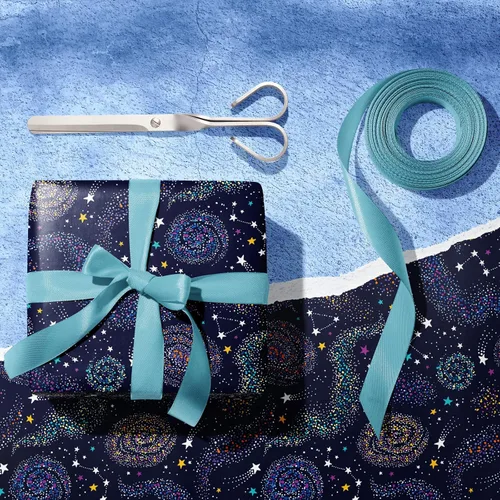 Vista 3 de GIOLNIAY Papel de regalo de galaxia para niños y niñas, cumpleaños, baby shower, estrellas de neón, cielo nocturno, galaxia con nebulosa, 8 hojas