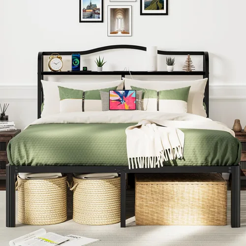 Vista 3 de Base de cama Queen con cabecera y estación de carga, base de cama de metal de 18 pulgadas de alto, base de colchón resistente con gran espacio de 46