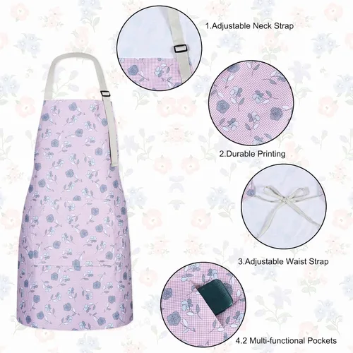 Vista 3 de Paquete de 3 delantales florales impermeables para mujer, correa ajustable con bolsillo, multiusos para cocina, arte, jardín