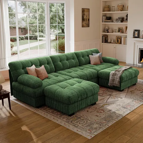 Vista 12 de Sofá modular de gran tamaño de 90 pulgadas con otomana móvil, asiento profundo en forma de L, cómodo sofá de nube de felpilla de 3 asientos modernos