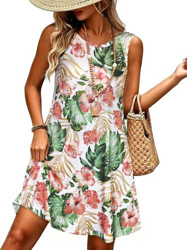 Vista 38 de elescat Vestidos de verano para mujer 2025, vestido casual de playa sin mangas con estampado floral, tipo camiseta, suelto y con bolsillos