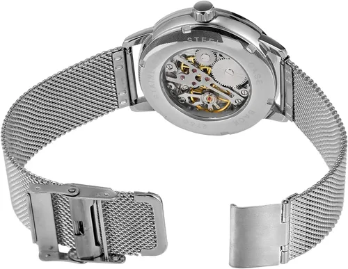 Vista 3 de FORSINING Reloj de pulsera mecánico de cuerda manual con visualización analógica estilo deportivo para hombres con correa de piel Negro Plata Beige