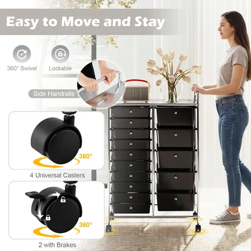 Vista 5 de DREAMADE Carrito de almacenamiento con ruedas de 15 cajones, carrito de manualidades móvil con ruedas con cerradura, cajones de plástico extraíbles