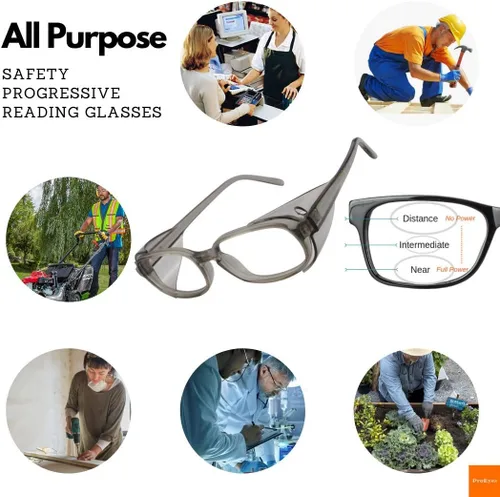 Vista 2 de ProEyes 10, anteojos de lectura progresivos de seguridad con escudo lateral protector, lente superior con potencia 0 (gris, 100 x)