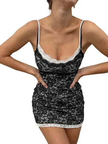 Vista 3 de Vestido corto de verano para mujer, con tirantes delgados, sexy, cuello en V, espalda descubierta, acampanado, casual, sin mangas, floral