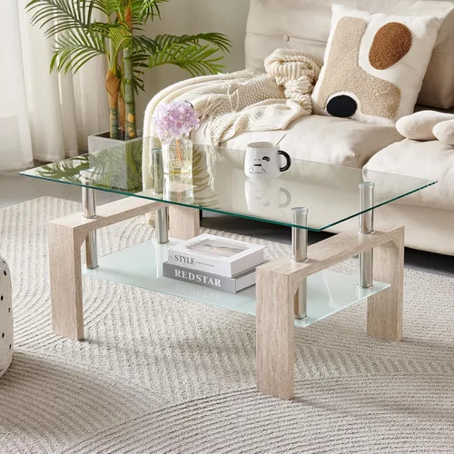 Vista 11 de Btrpily Mesa de centro rectangular para sala de estar, mesa de té adecuada para sala de espera, mesa auxiliar moderna con patas de madera, mesa