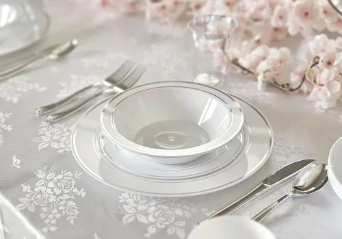 Vista 4 de Platos de plástico desechables Occasions para fiestas de boda (120 unidades), plateado, blanco (White / Silver Rim)