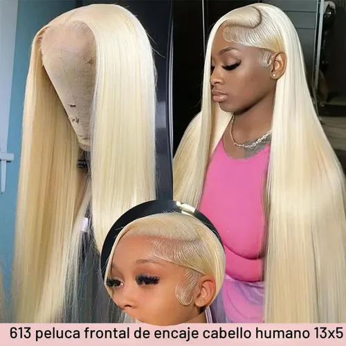 Vista 3 de Myecool Peluca de cabello humano con encaje frontal 613 de 26 pulgadas, 13 x 5, lacio, 613 HD, encaje frontal, cabello humano prearrancado, nudos