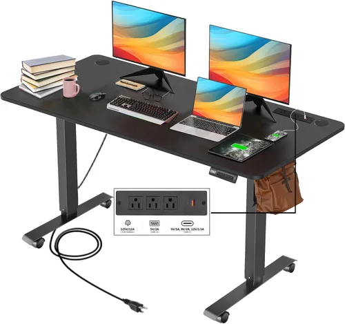 Vista 10 de Escritorio eléctrico de altura ajustable de pie, escritorio de sentarse y pararse de 48 x 24 pulgadas con toma de corriente, 2 puertos USB, 3 tomas