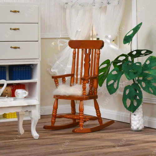 Vista 4 de iLAND Muebles vintage para casa de muñecas a escala 1/12, mecedora Brewster y cojín de terciopelo