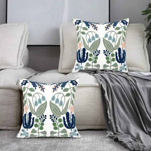 Vista 5 de Alysheer Fundas de almohada decorativas bordadas florales de primavera de 18" x 18", juego de 2, fundas de cojín de algodón con patrón acolchado
