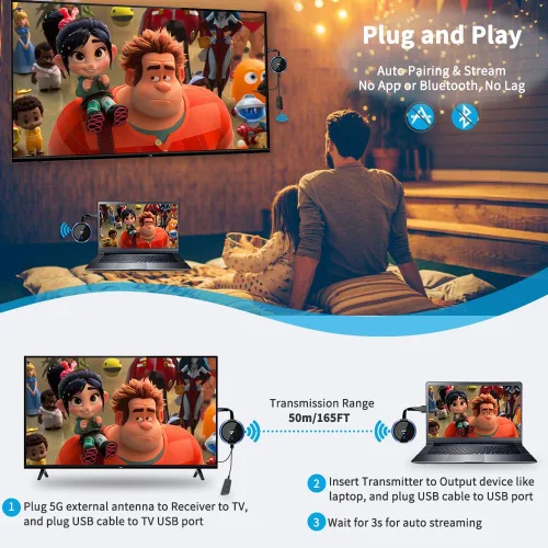 Vista 3 de Transmisor y receptor HDMI inalámbrico 4K, AIMIBO extensor HDMI inalámbrico transmisión en vivo de video/audio sin retraso para laptop, PC