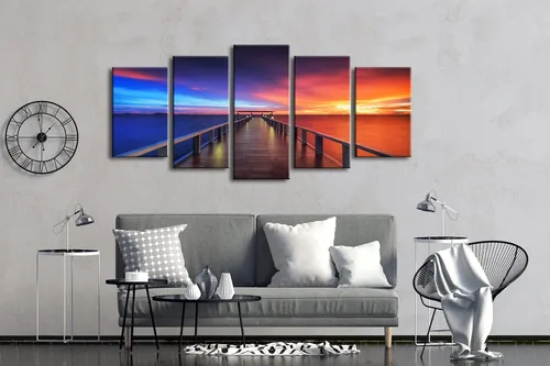 Vista 5 de Pyradecor 5 paneles tamaño XL atardecer, puente, impresiones en lona HD, paisajes del mar, arte en lona, paisajes para el hogar, decoración