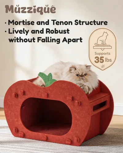 Vista 4 de Cama tipo cueva para gatos de interior, casa escondida de manzana roja para Rojo